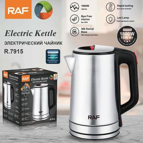 Zoni Stores RAF Electric Kettle R.7915 with stainless steel body, black handle, and digital display, on a kitchen countertop.
