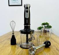 Black and silver electric immersion hand blender featuring a powerful motor housing and stainless steel blending shaft