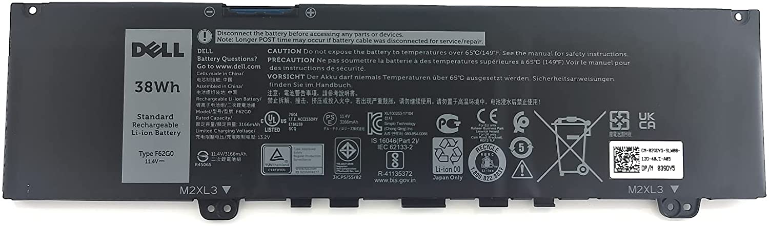 DELL BATTERY, ORIGINAL F62G0 Laptop Battery for Dell Inspiron 13 7000 7370 7373 7380 7386 5370 39DY5 039DY5 RPJC3 P83G P87G P91G P91G001 P83G001 P83G002 P87G001 R1605S 0RPJC3 D1525S D1505G D1605S D2505G 11.4V 38WH 100% Original Laptop battery