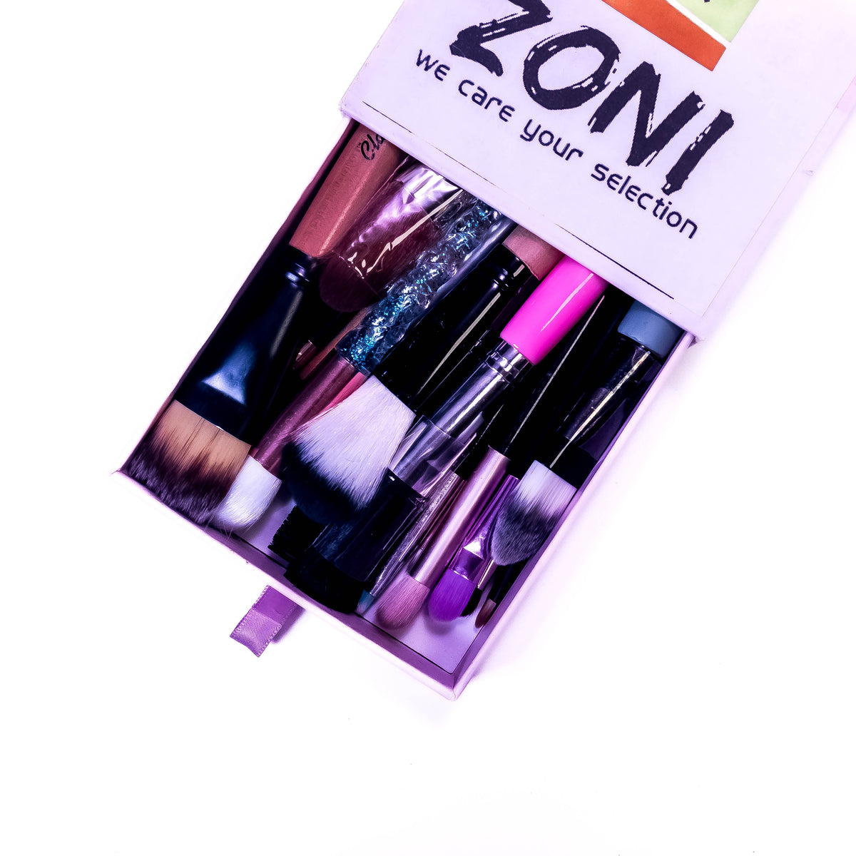 Set of 20 Zoni Stores GlamKit Essentials makeup brushes with various brush heads on a white background.