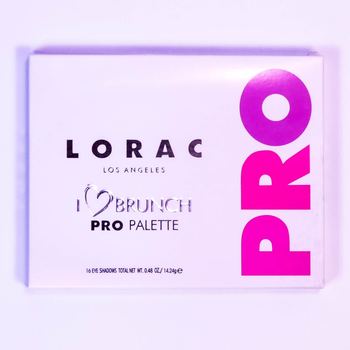 Lorac I Love Brunch pastel eyeshadow palette with soft pink, lavender, and neutral shades, arranged in a sleek rectangular case.