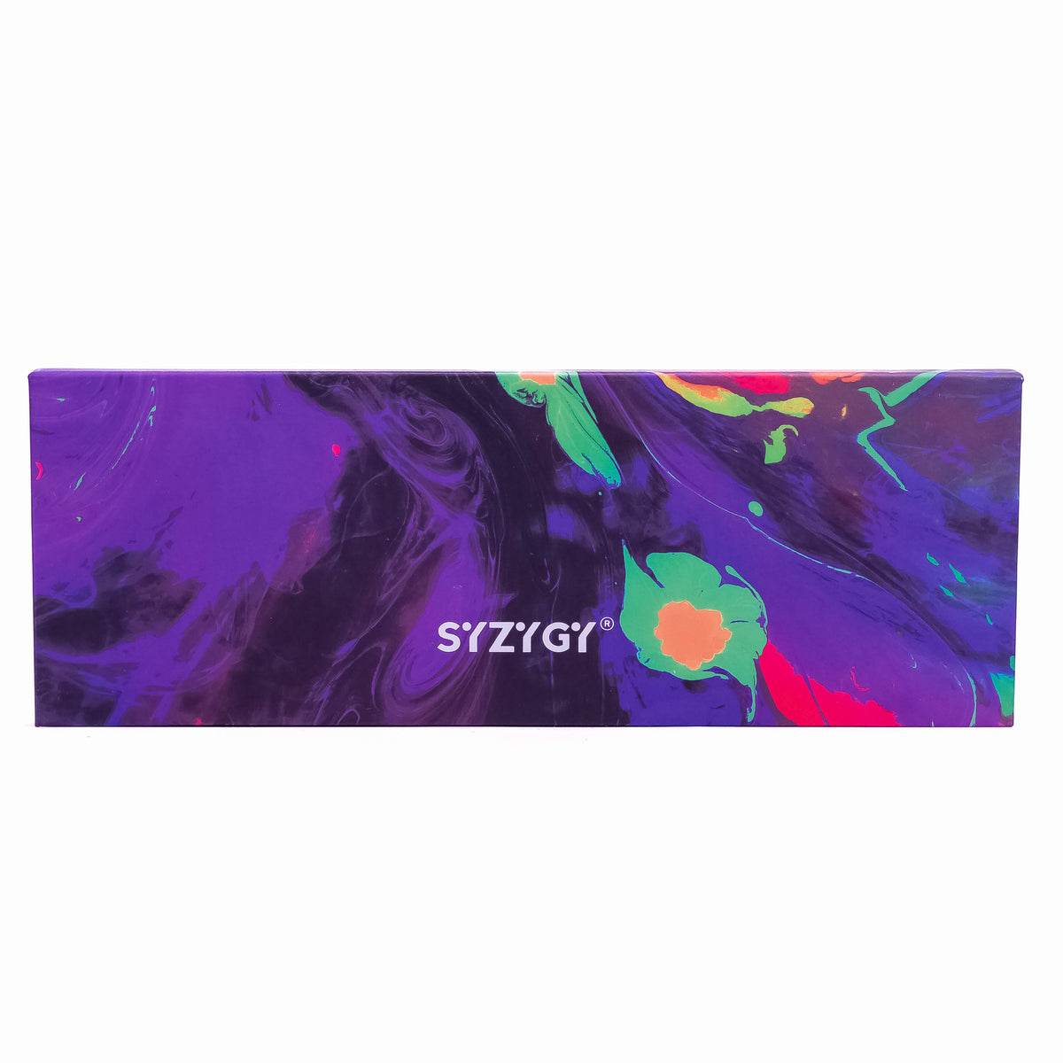 Close-up of Zoni Stores SYZYGY highlighter magnetic palette with shimmering eye shadow shades on a white background.