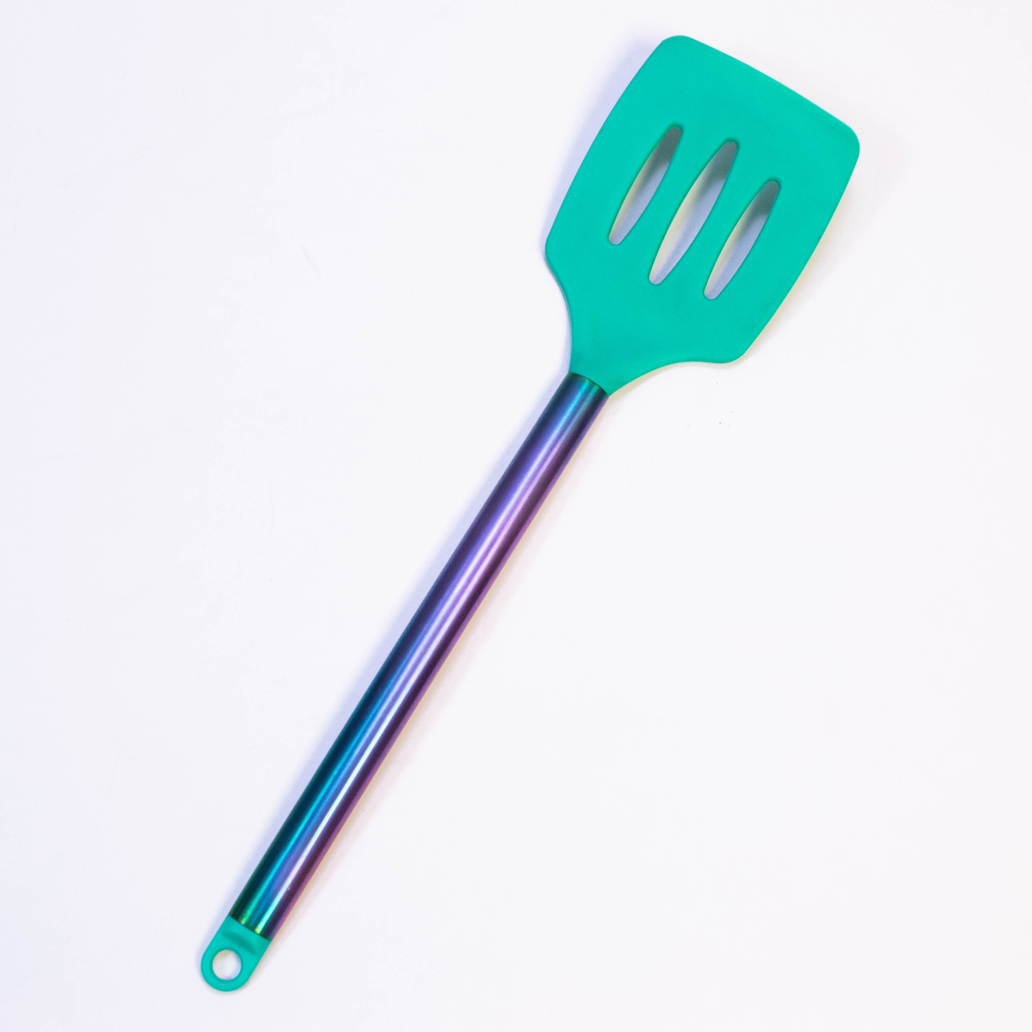 Tablecraft 14" Slotted Turner Spatula with Multi-Color Silicone Head & Stainless Steel Handle