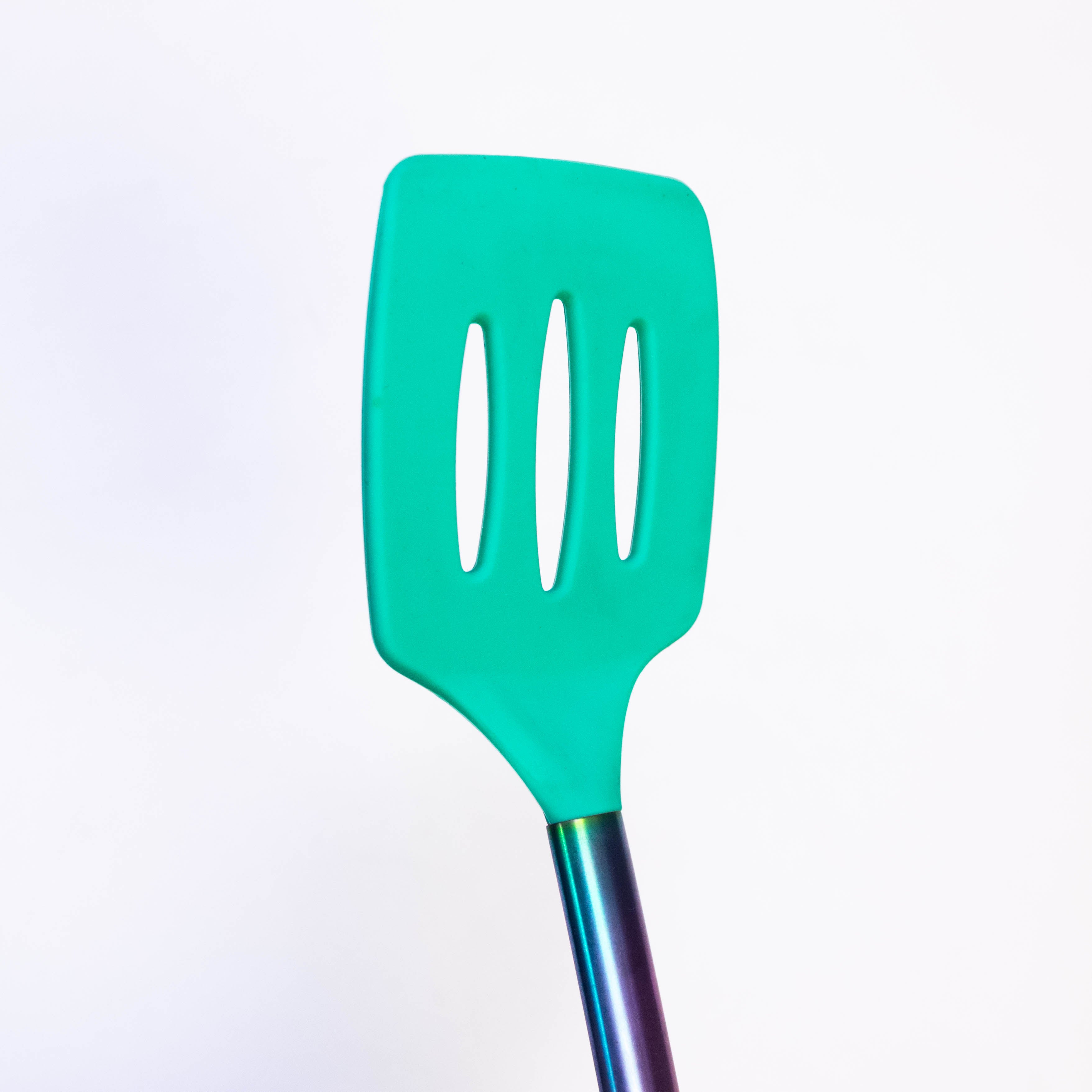 Tablecraft 14" Slotted Turner Spatula with Multi-Color Silicone Head & Stainless Steel Handle
