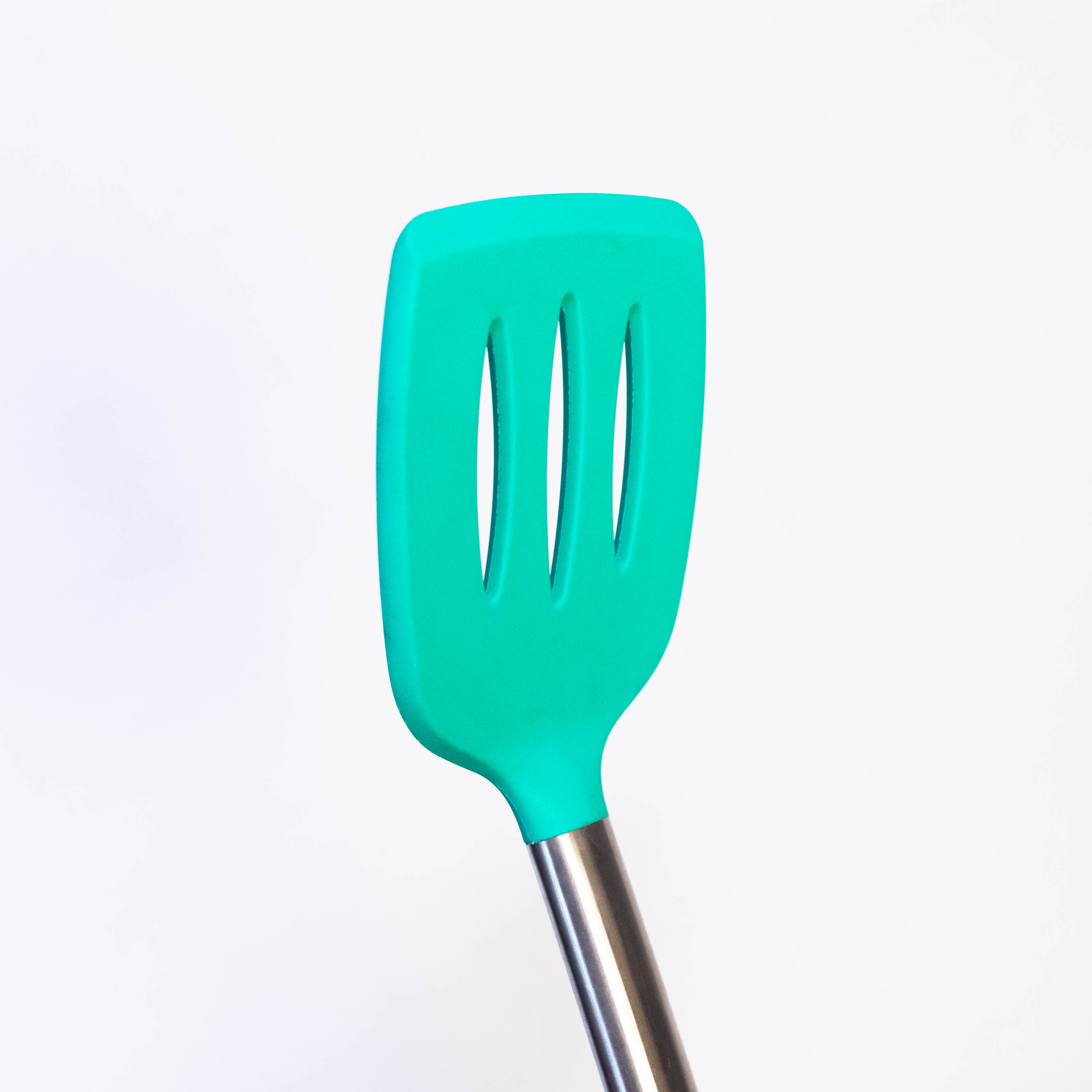 Tablecraft 14" Slotted Turner Spatula with Multi-Color Silicone Head & Stainless Steel Handle