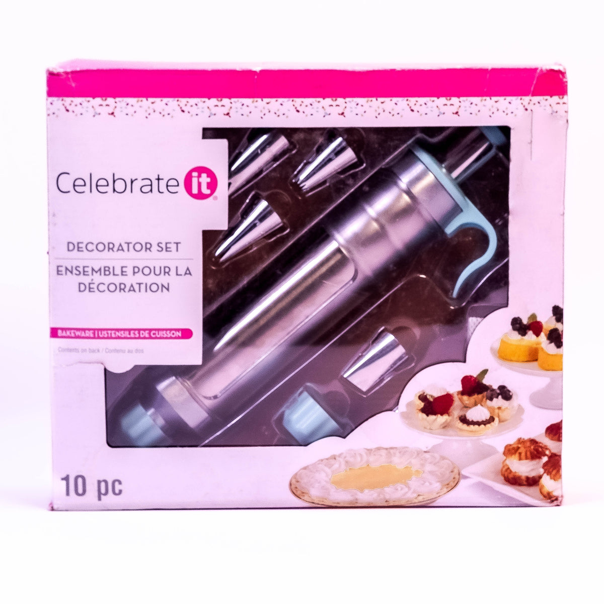 Zoni Stores Celebrate It Decorator Set with 10 kitchen accessories for cake decorating, including piping tips and tools.
