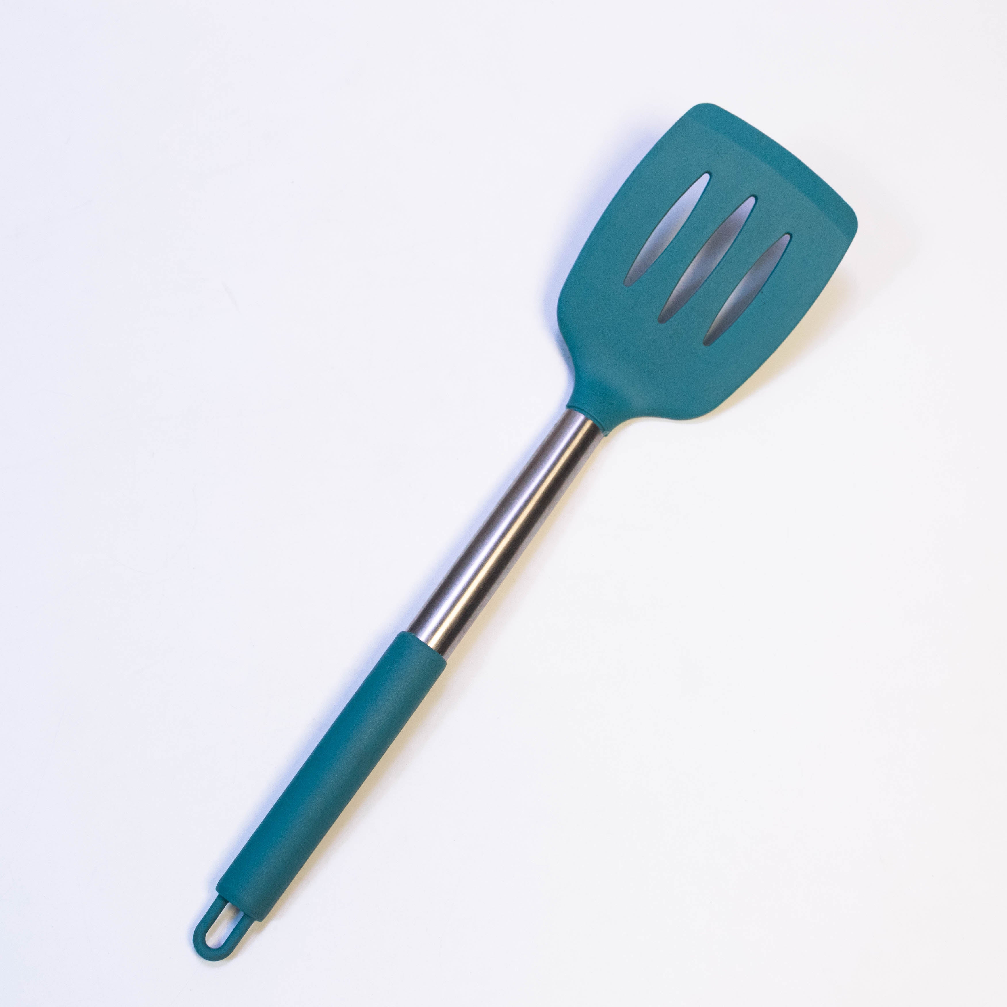 Tablecraft 14" Slotted Turner Spatula with Multi-Color Silicone Head & Stainless Steel Handle
