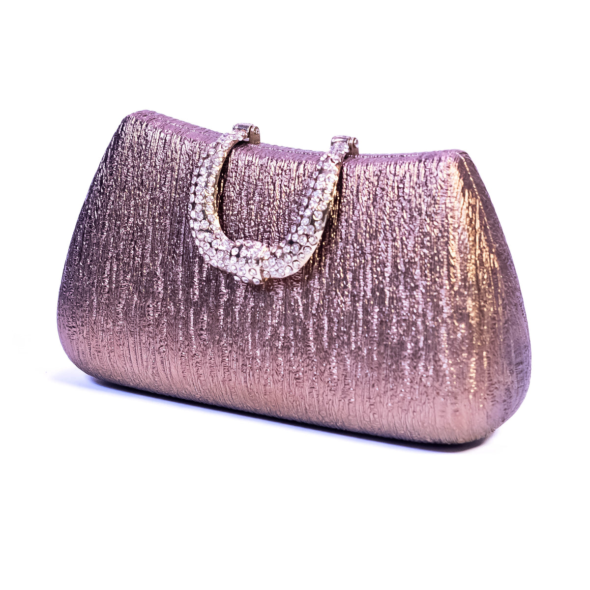 Gold ladies clutch with crystal diamond buckle, stylish ZoniStores handbag featuring a glamorous design and elegant metallic finish.