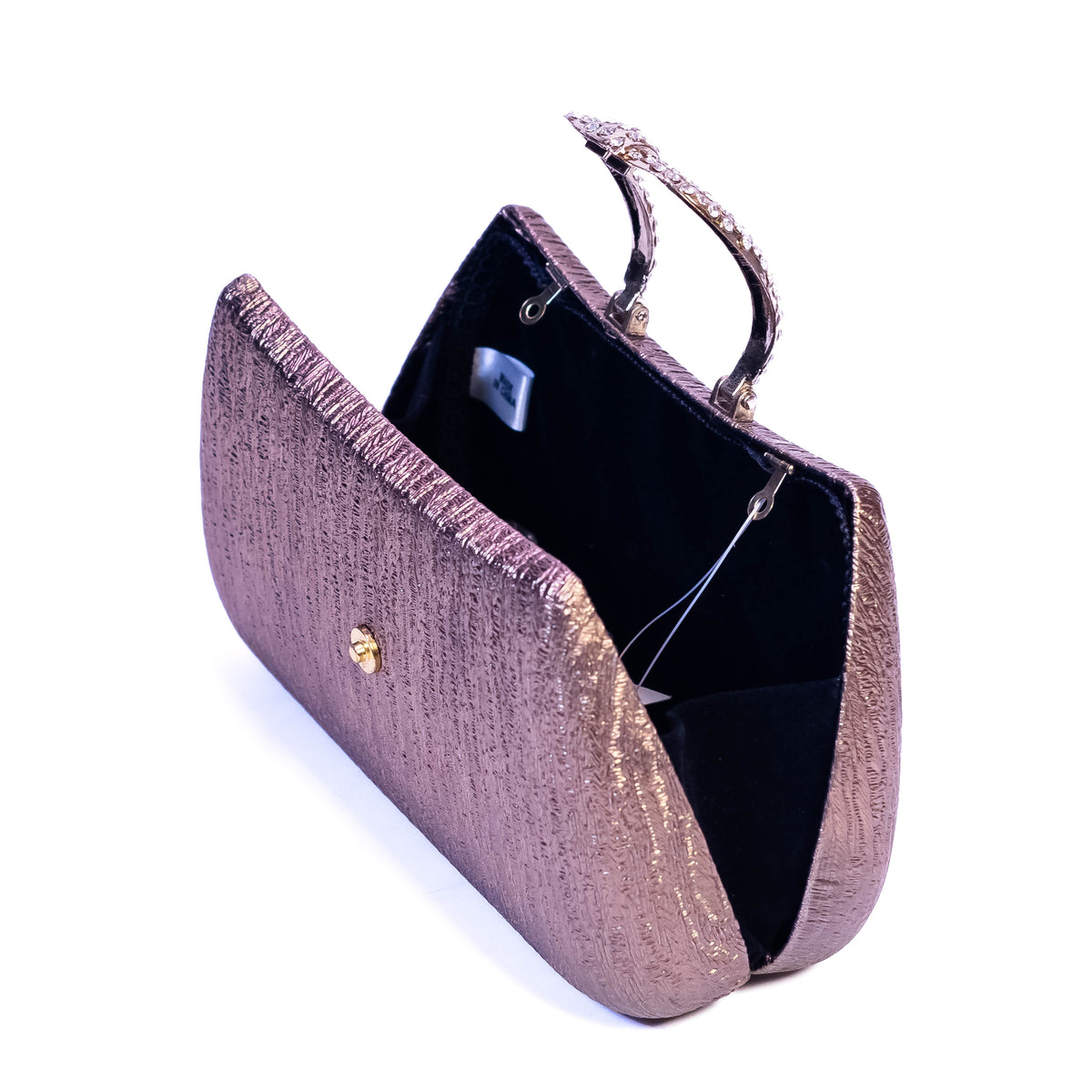 Golden ladies clutch with crystal diamond buckle by ZoniStores, featuring a sleek design and elegant metallic finish.