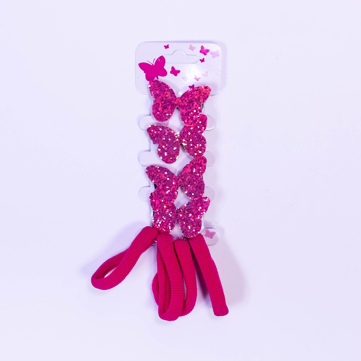 Butterfly glitter hair pins and elastic rib bands set by Zoni Stores, featuring shiny butterfly designs and stretchable hair accessories.
