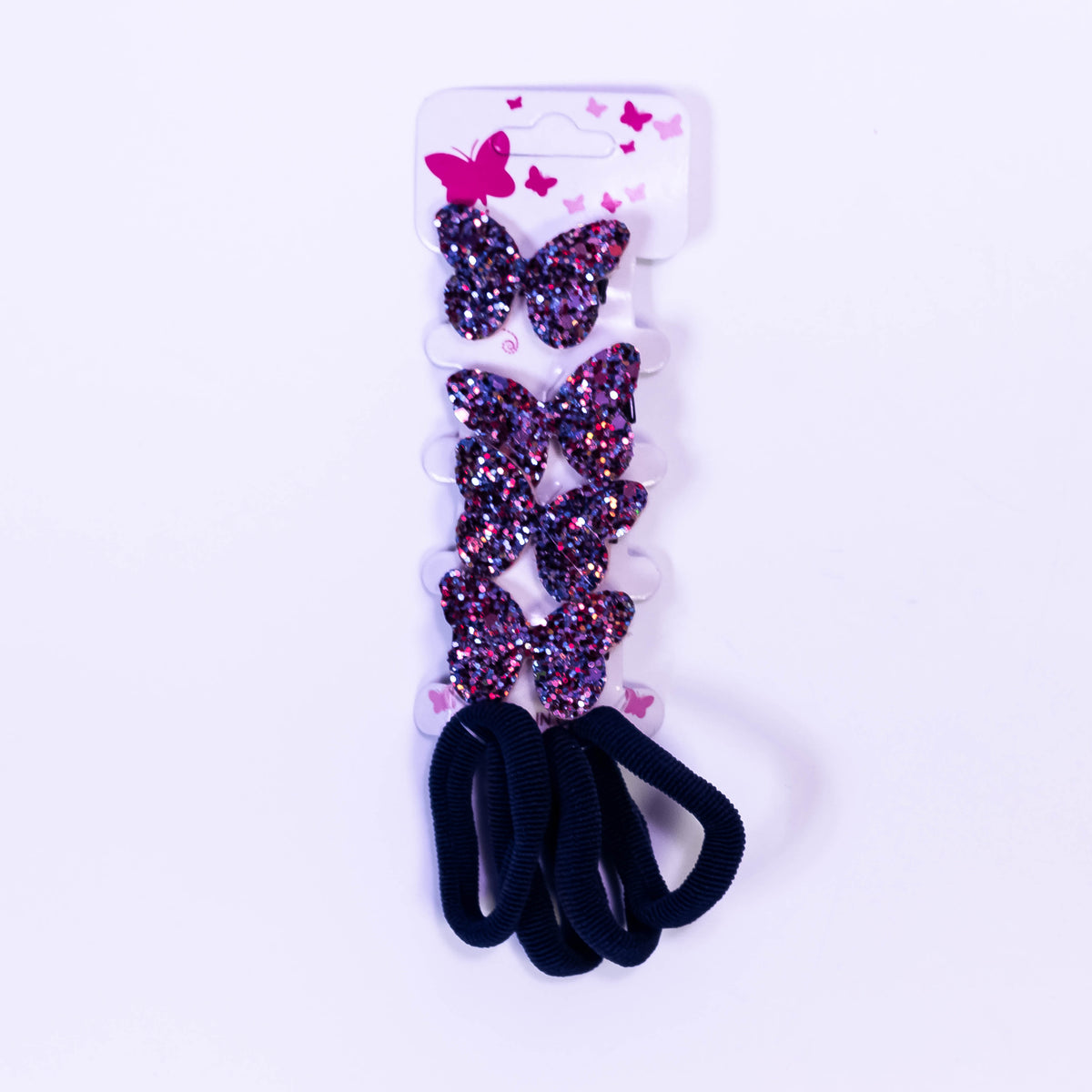 Set of butterfly-shaped glitter hair pins and elastic rib bands by Zoni Stores, featuring shiny decorative hair accessories.