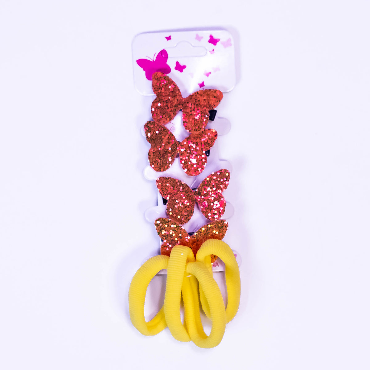 Pink butterfly glitter hair pins and elastic rib bands set by Zoni Stores, featuring shiny decorative hair accessories for styling.