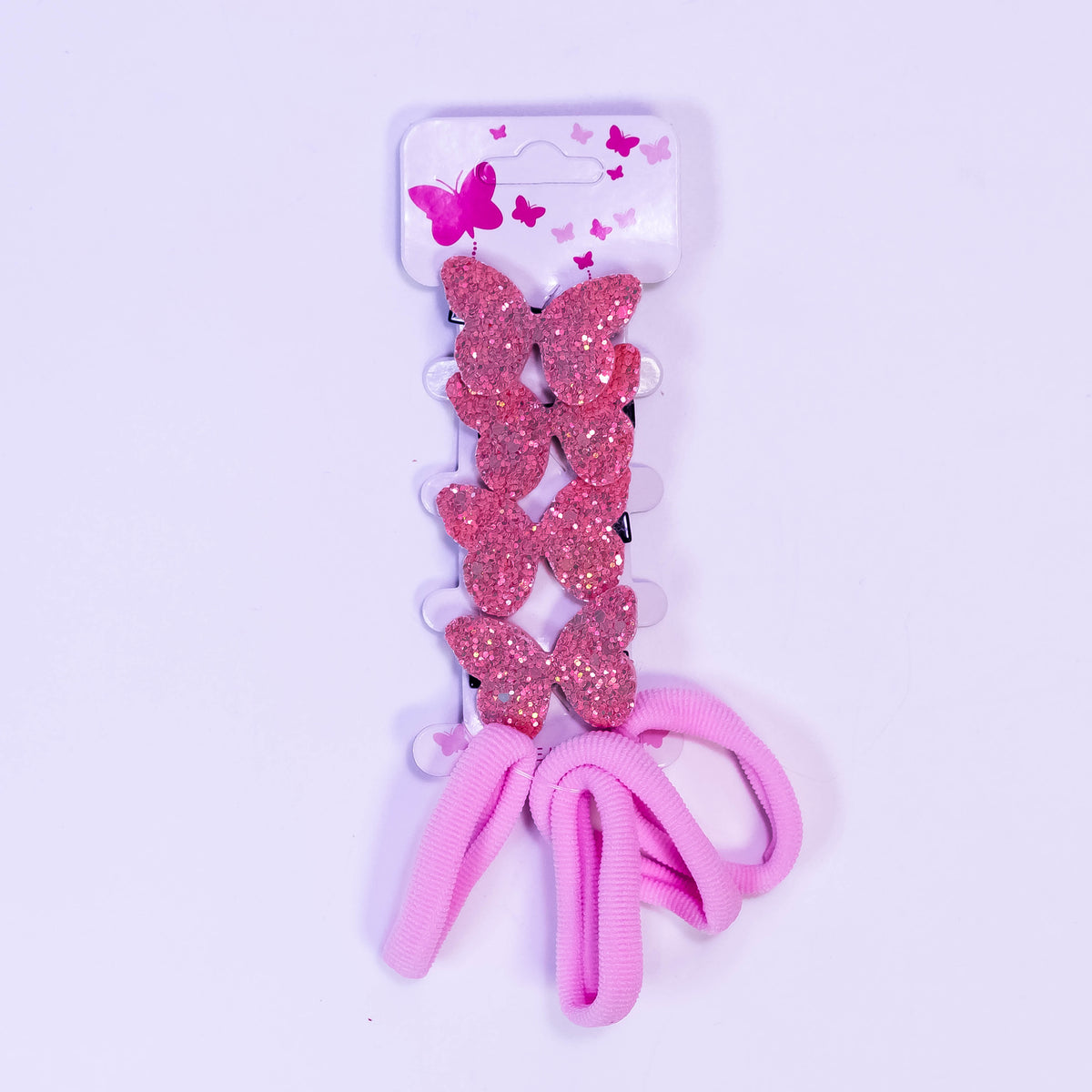 Set of butterfly glitter hair pins and elastic rib bands by Zoni Stores, featuring shiny decorative hair accessories.