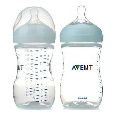 Two Philips Avent baby feeding bottles with advanced anti-colic systems and natural latch teats, offered at the best prices for customers at Zoni Stores Pakistan.