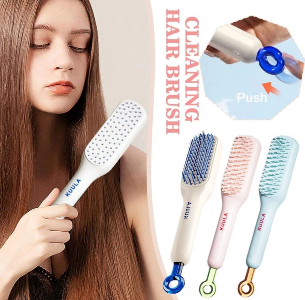 One-click self-cleaning hair brush with soft bristles for massaging the scalp available at Zonistores Pakistan.