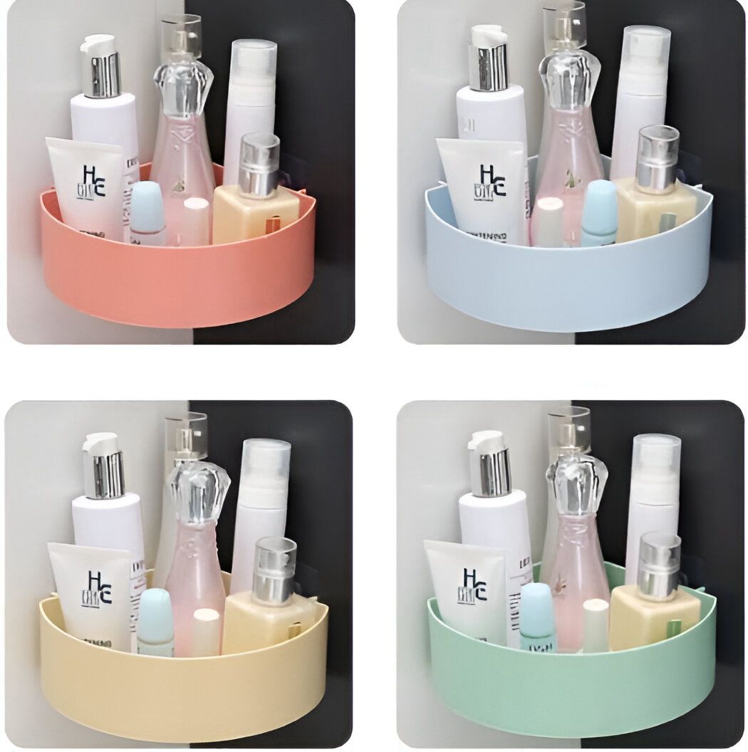 Heavy-duty transparent adhesive corner shelf supporting daily household items neatly without drilling