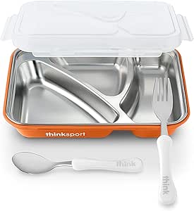 Thinksport stainless steel bento lunch box featuring a divider and spoon and fork set at Zoni Stores