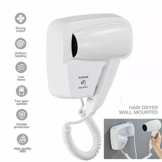 White wall mounted hair dryer for home or hotel use