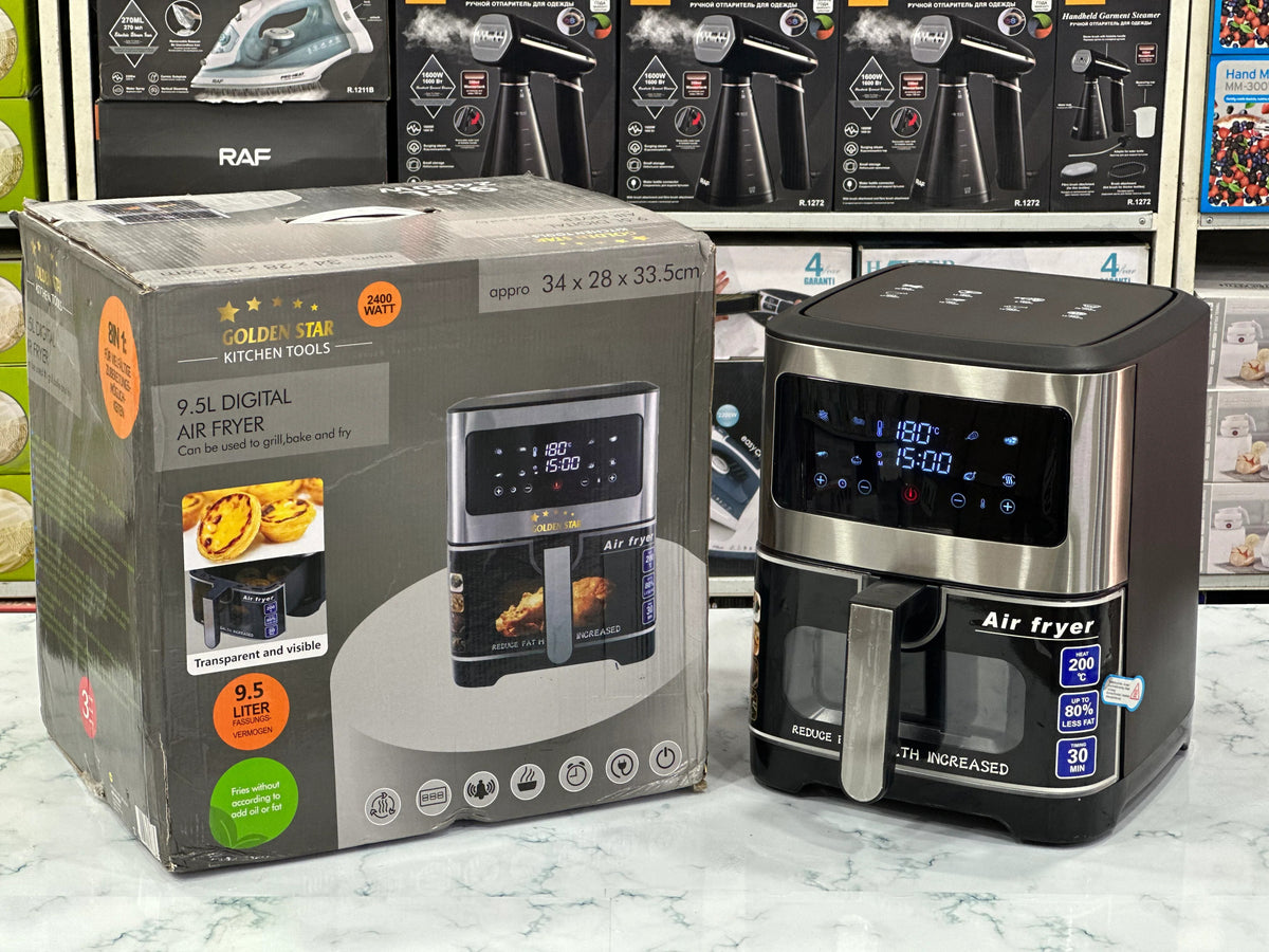 Golden Star Air Fryer by Zoni Stores, digital countertop air fryer with sleek modern design for healthy cooking.