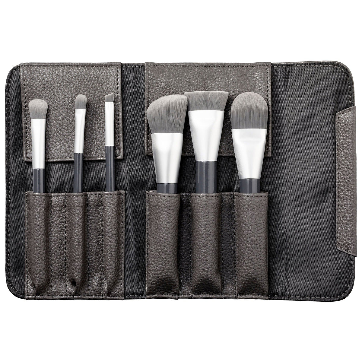 SEPHORA COLLECTION Deluxe Charcoal Antibacterial Makeup Brush Set with multiple brushes and black handles on a white background.