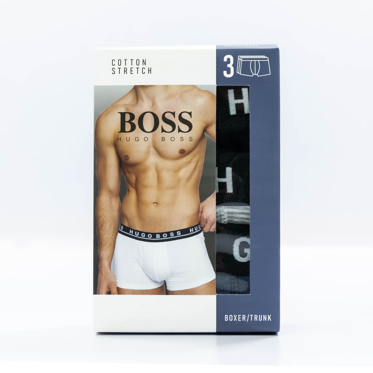 Zoni Stores branded boxer briefs by Hugo Boss in a pack of three, featuring comfortable waistband and classic design.