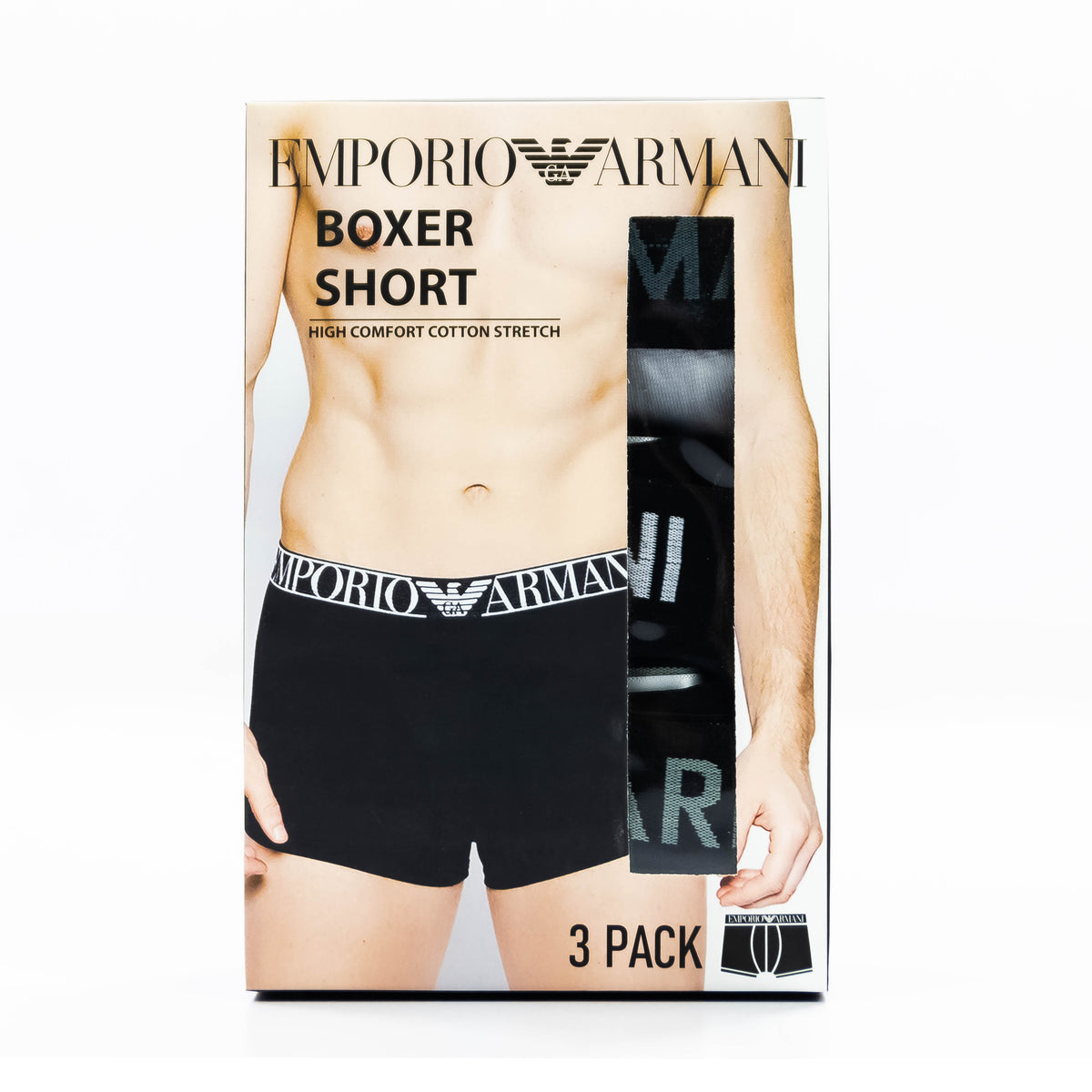 Pack of three branded Zoni Stores Armani boxer briefs in black with logo waistband, displayed on a flat surface.