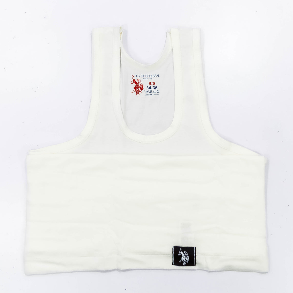 Zoni Stores branded P-O-L-O vest in white, displayed flat with front view, showing classic polo shirt design and collar.