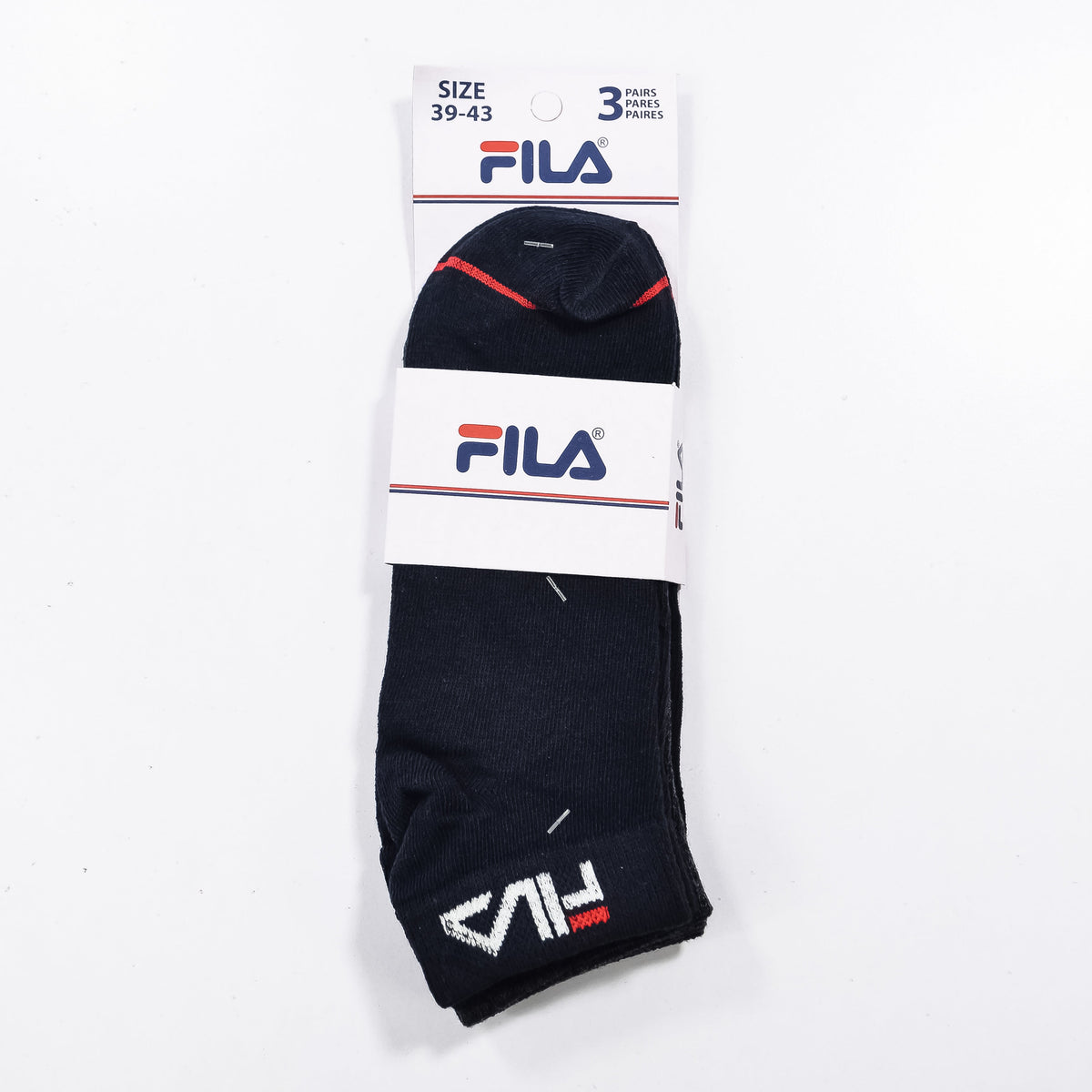 Pack of three Zoni Stores branded F-i-l-a ankle socks in various colors, featuring ribbed cuffs and comfortable fabric.
