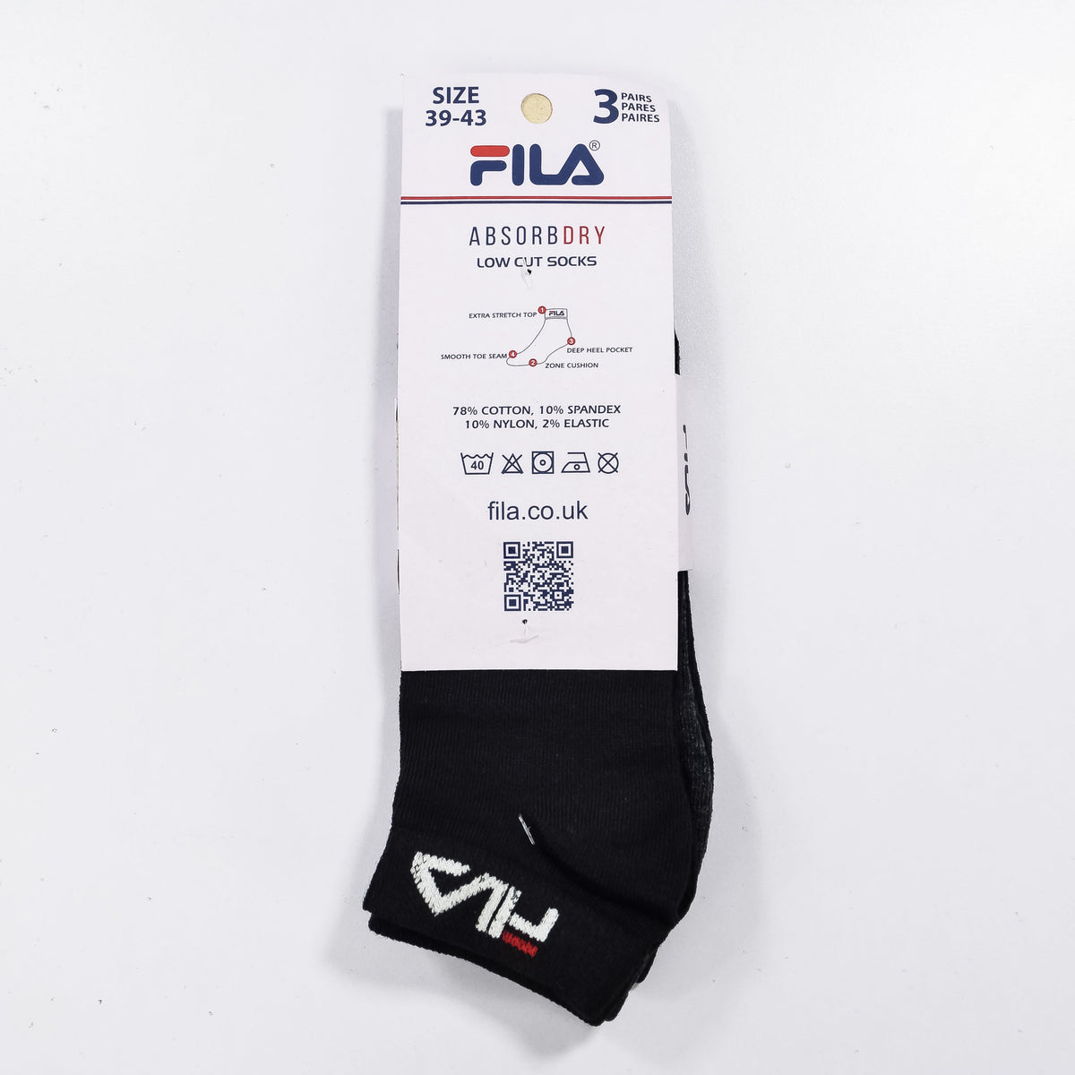 Set of three Zoni Stores branded F-i-l-a ankle socks, black and white, with ribbed cuffs and comfortable stretch fit.