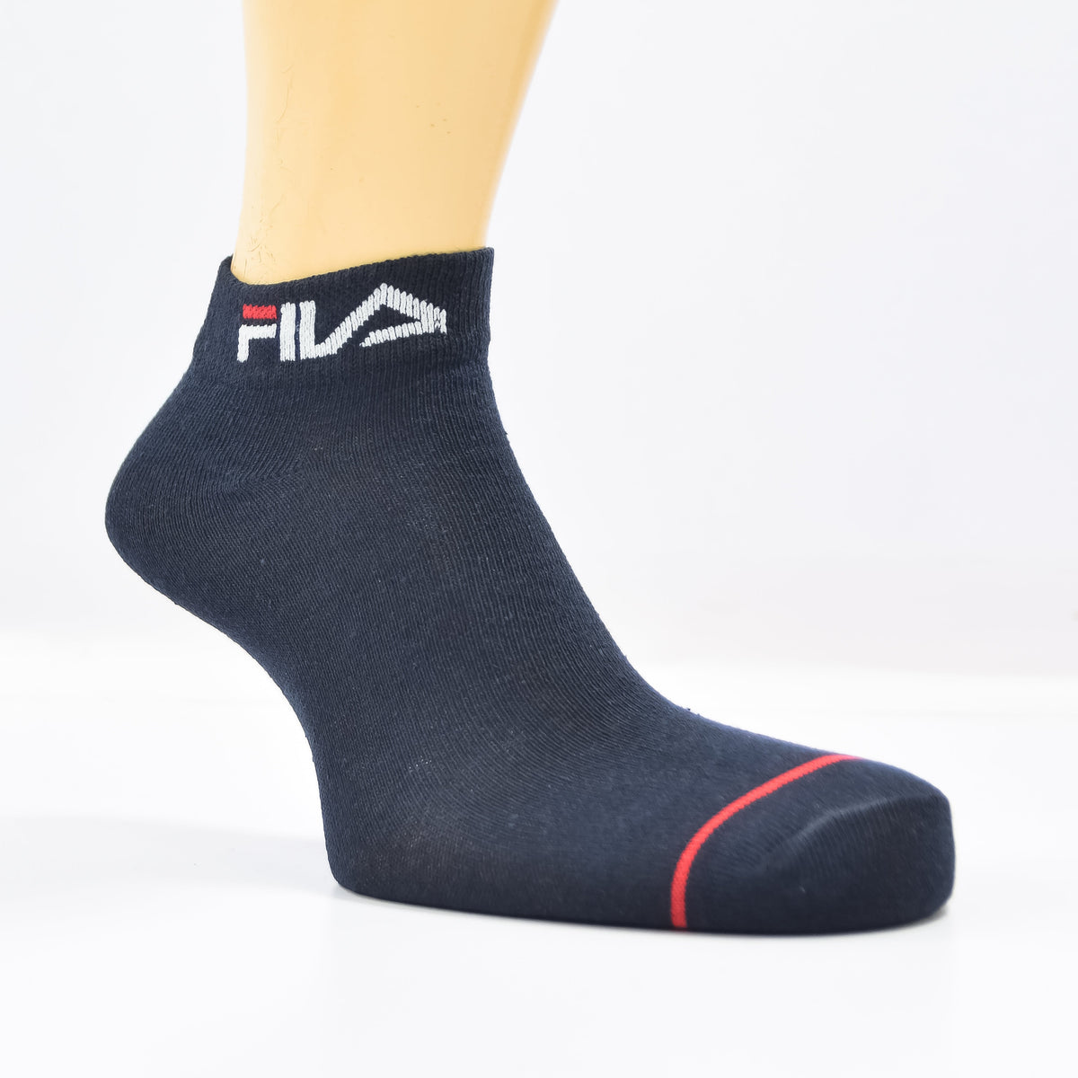 Set of three Zoni Stores branded F-i-l-a ankle socks in black, white, and gray, displayed on a plain background.