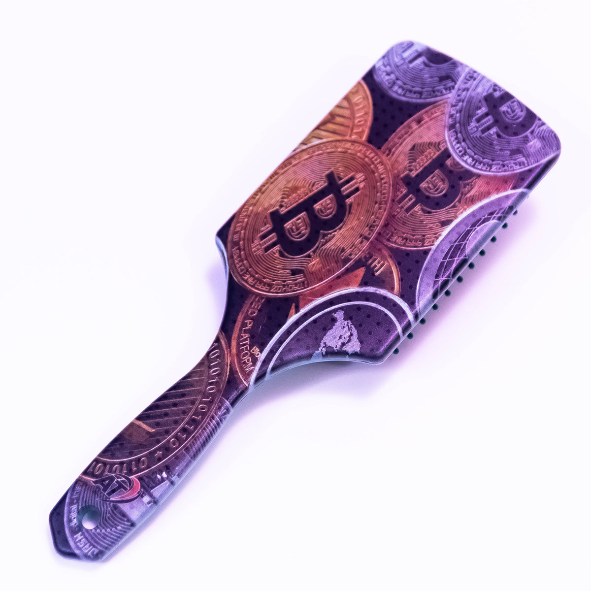 Bit Coin printed hair brush by Zoni Stores, showcasing a stylish hairbrush with coin-themed print and ergonomic design.