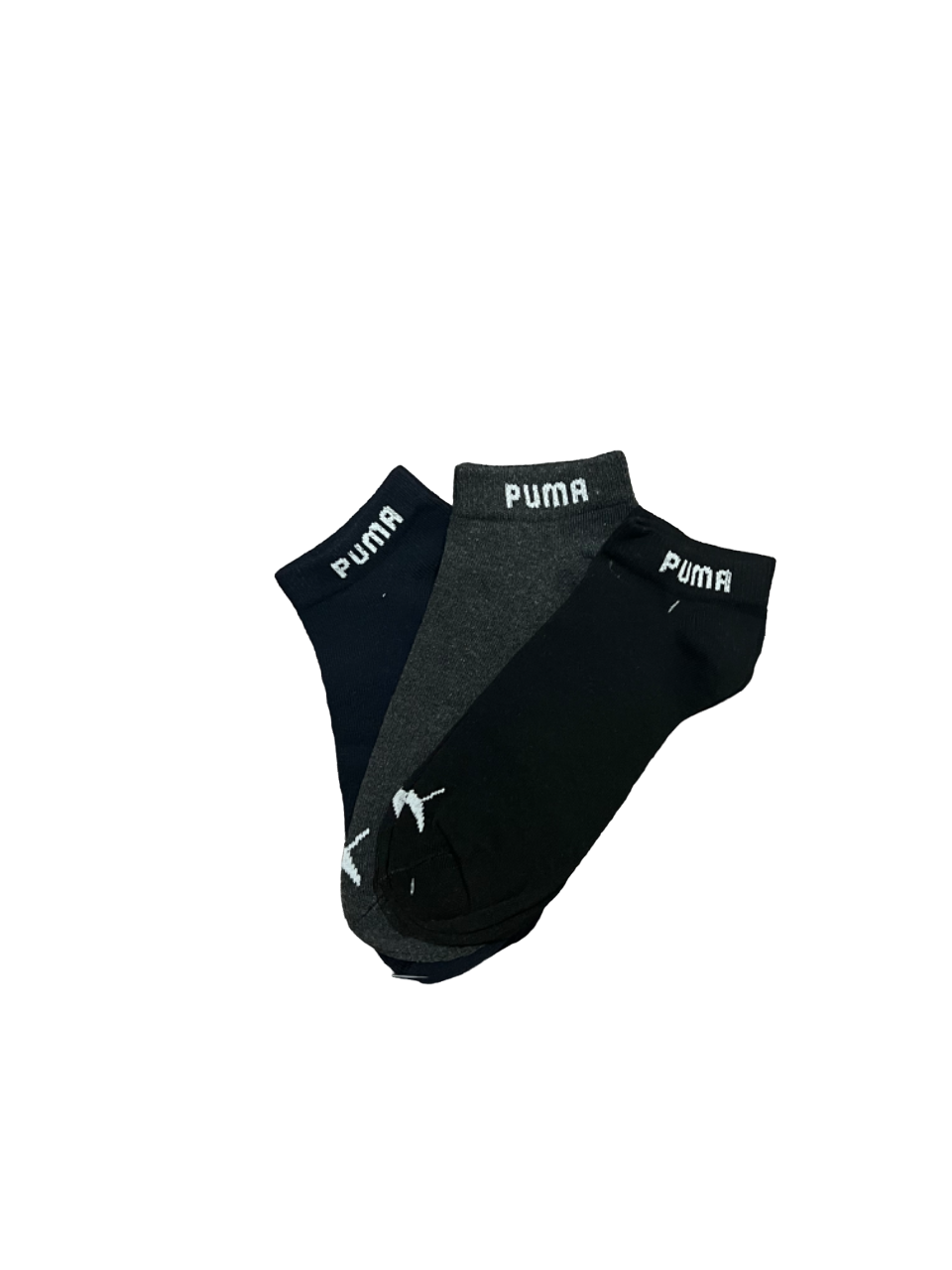 Zoni Stores branded Puma ankle socks in a pack of three, showing white socks with Puma logo and ribbed cuffs.