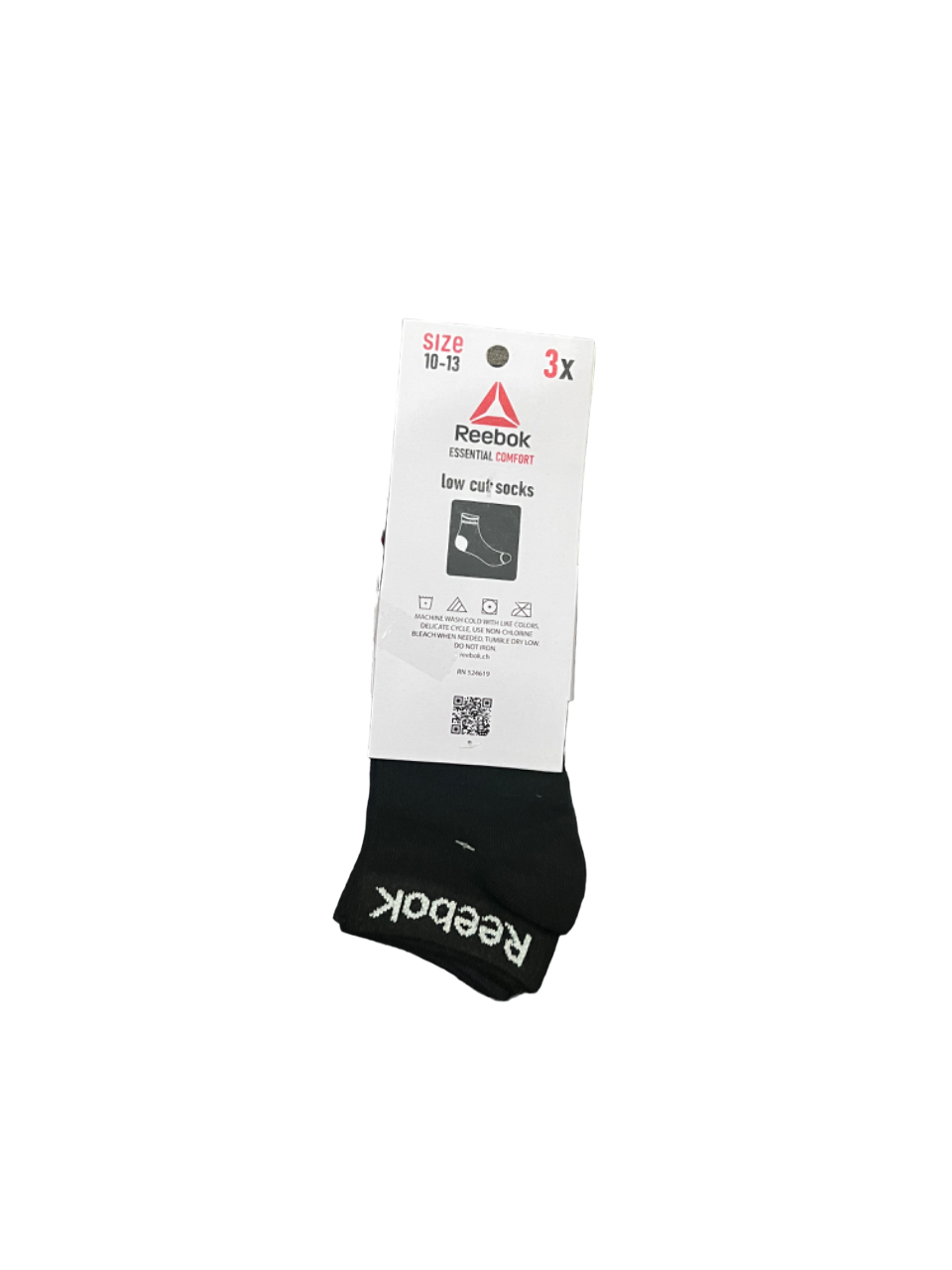 Set of three Zoni Stores branded R-E-E-B-O-K ankle socks in black and white, displayed on a flat surface.