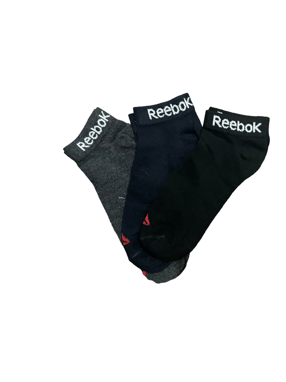 Pack of three Zoni Stores branded R-E-E-B-O-K ankle socks, white with subtle logo details, for comfortable everyday wear.