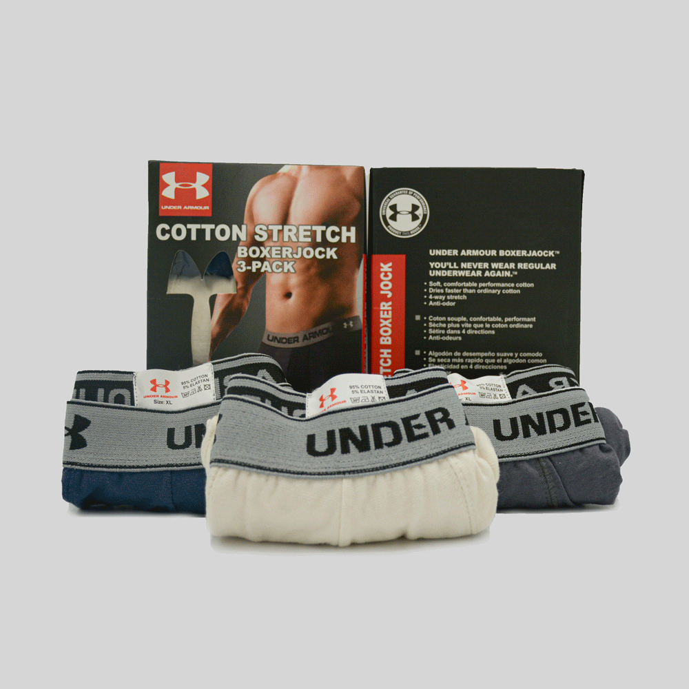 Pack of three Under Armour branded men's boxer underwear, showing soft waistband and comfortable fit in gray and black styles.