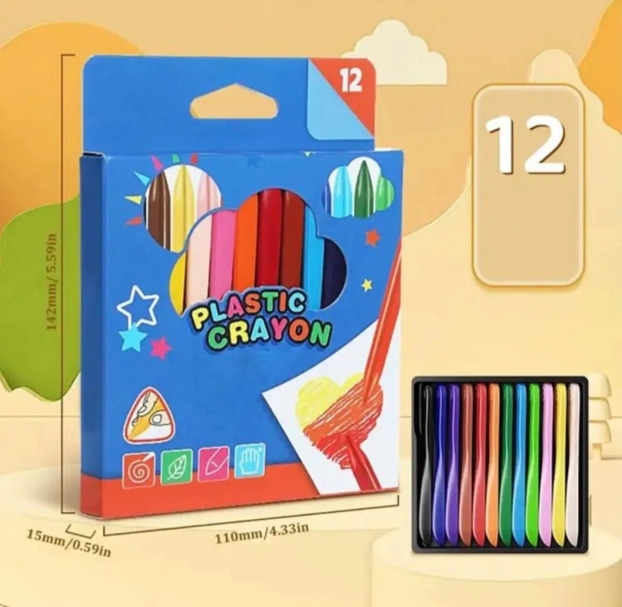 12 Pcs Plastic Crayons Colour.