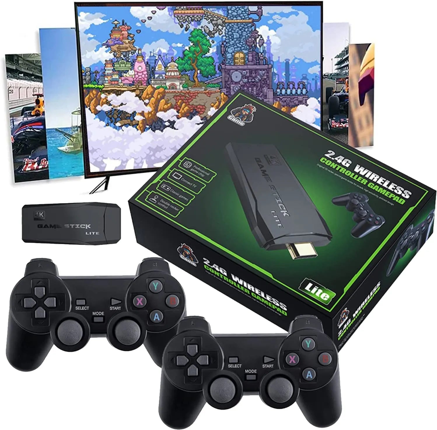 2.4G Wireless Game Stick Lite console with two controllers for TV gaming, available at Zoni Stores Pakistan.