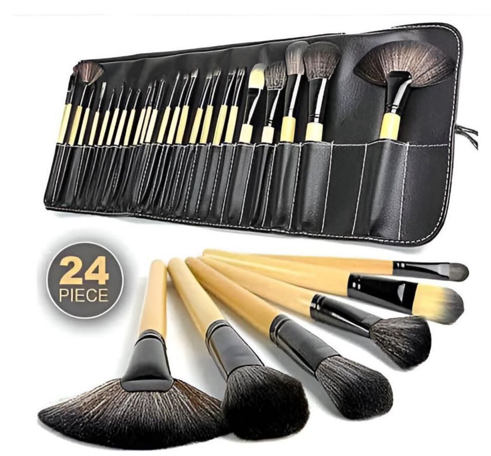 24pcs Wooden Handle Brush set with Leather Pouch.