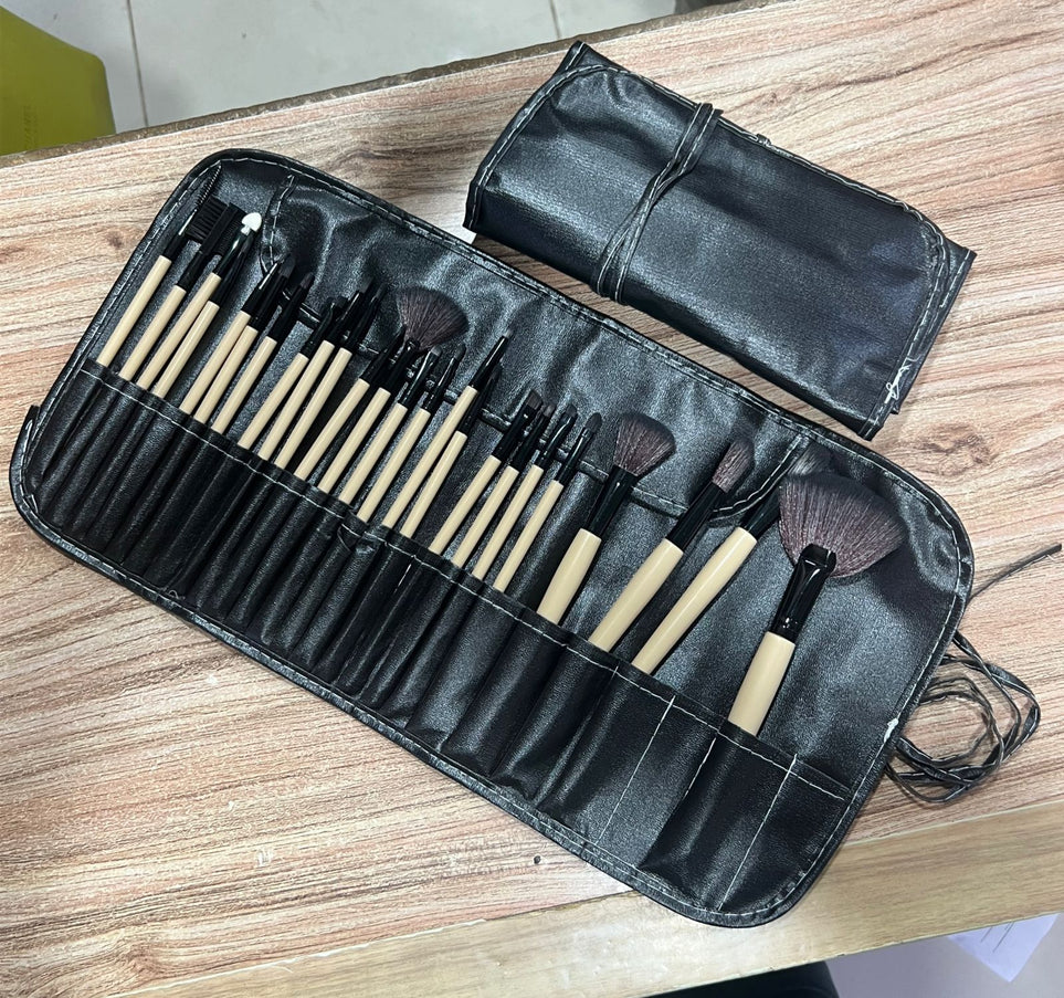 24pcs Wooden Handle Brush set with Leather Pouch.