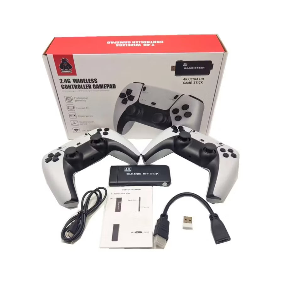 Complete 4K wireless gaming set featuring a white console stick, two ergonomic white controllers, and a TV interface listing 30000 plus games and 52 emulators.