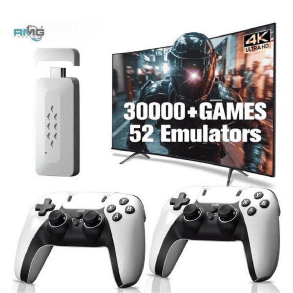 A white 4K Ultra HD wireless game stick console paired with two white and black game controllers, displayed next to a television screen showing the text 30000 plus games and 52 emulators.