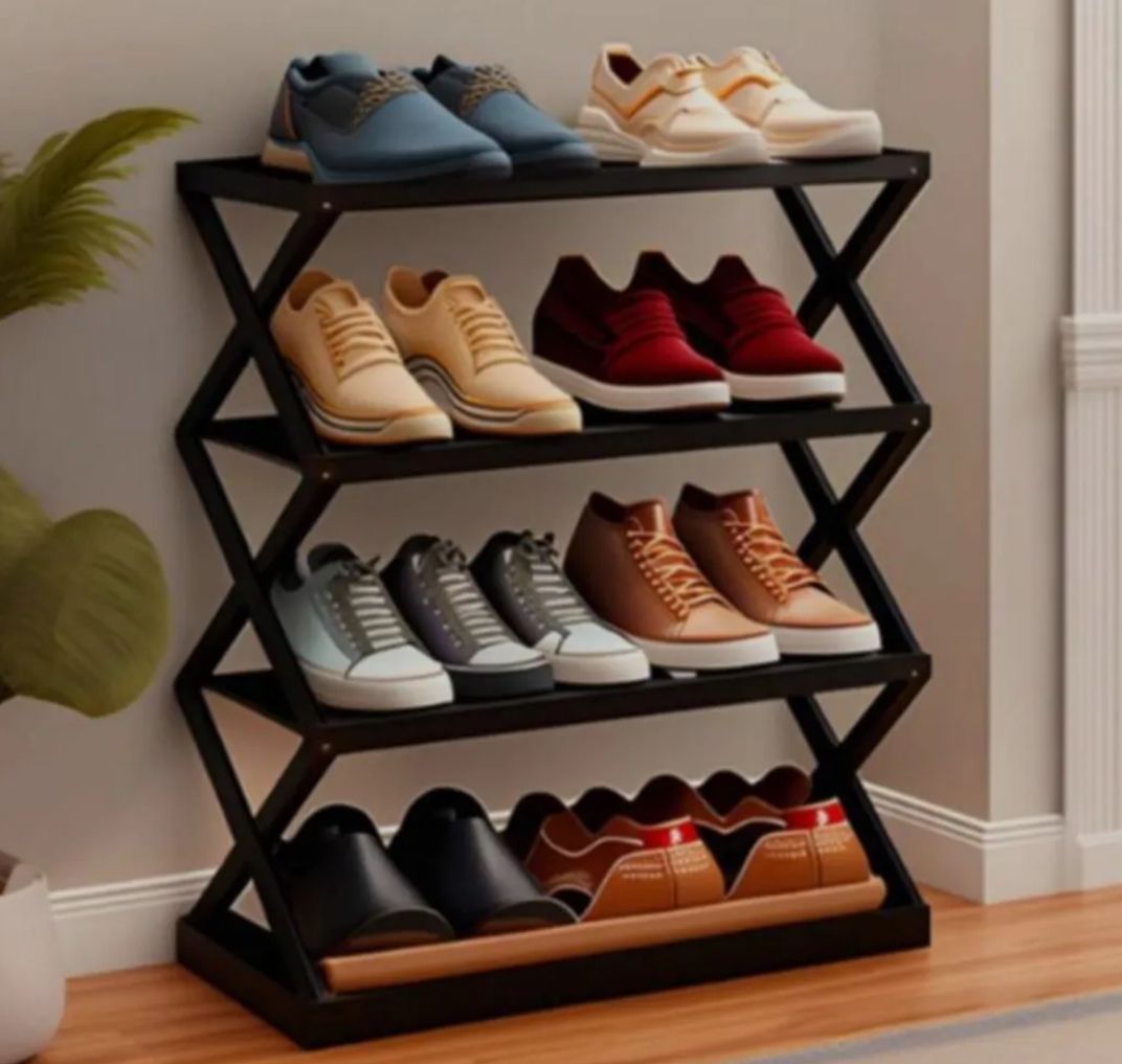 4 tier x shape stackable shoe rack expandable & adjustable fabric shoe shelf storage organizer.