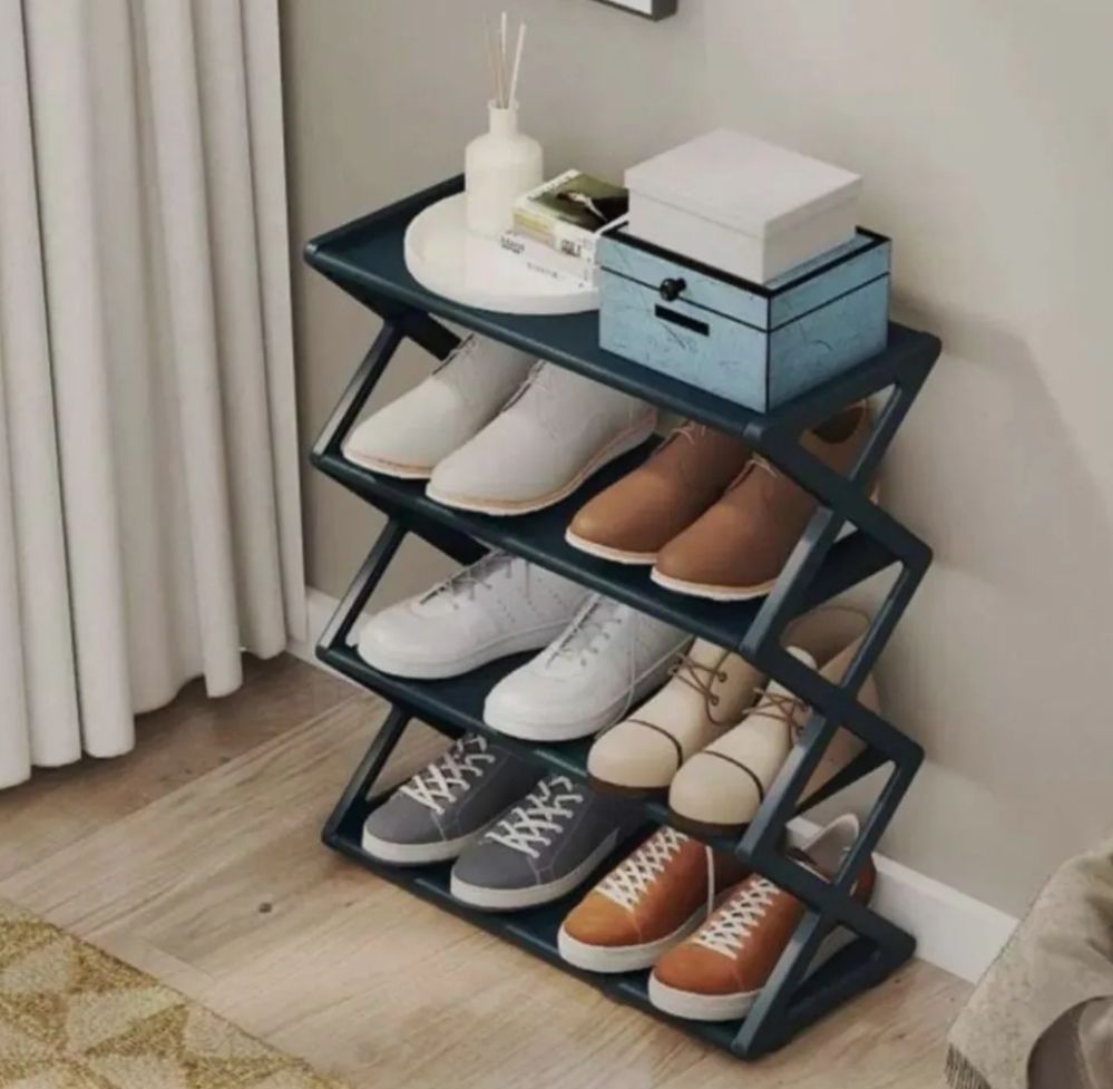 4 tier x shape stackable shoe rack expandable & adjustable fabric shoe shelf storage organizer.