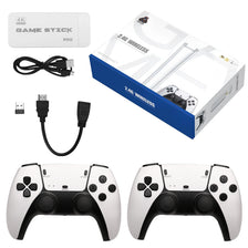 Wireless gaming system including a white plug-and-play console, two white controllers, and a TV setup featuring 30000 plus games and 52 emulators.