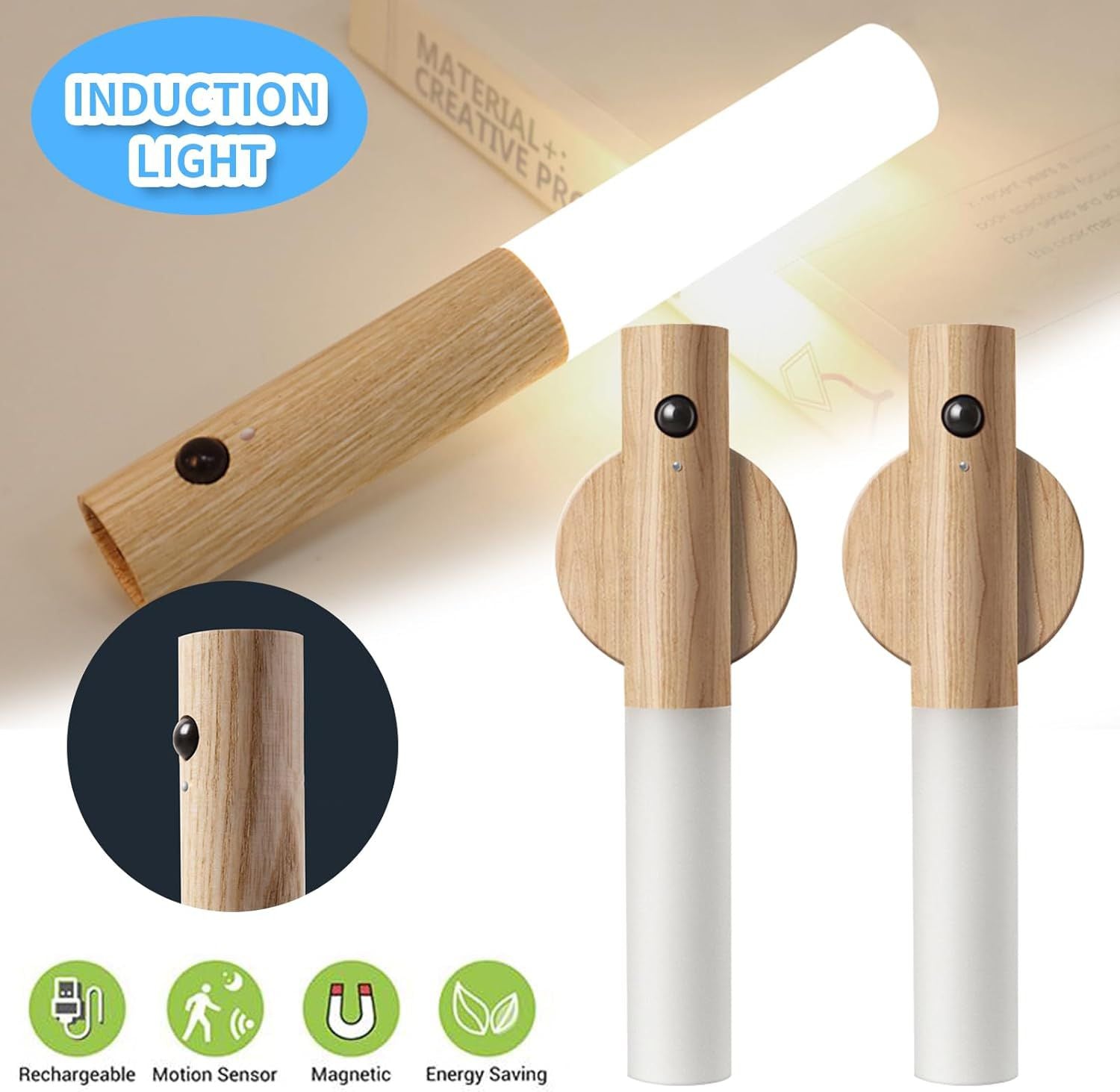 AI Intelligent 2in1  Motion Induction Wooden Shade Self Adhesive TubeLight (with Box Packing).