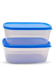 A set of two clear food storage containers with blue lids, available at Zoni Stores