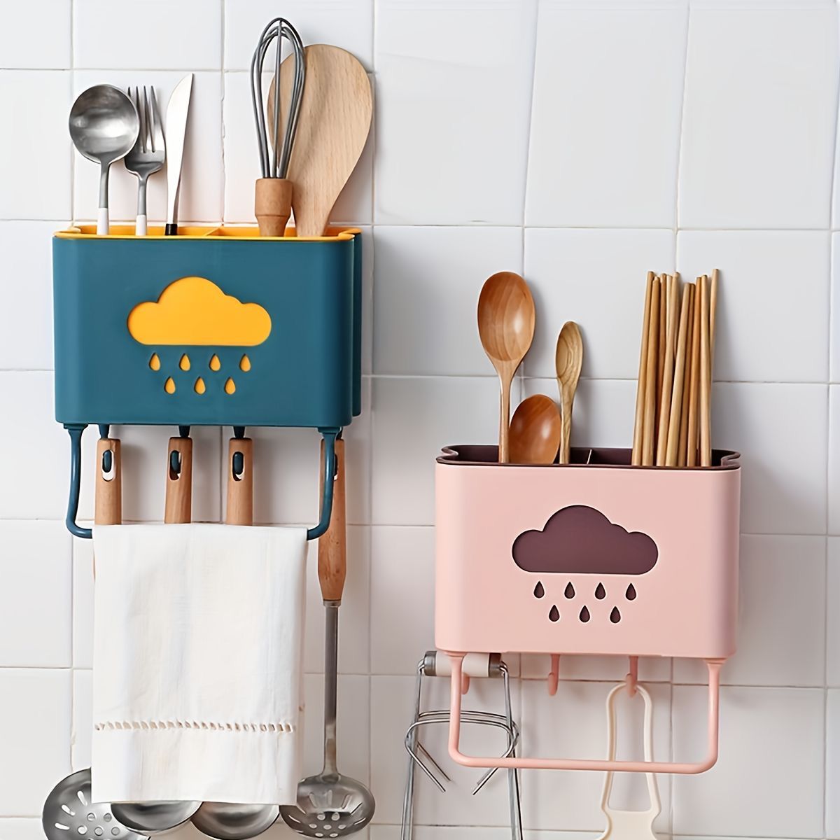 Cloud Kitchen Self Adhesive Cutlery Organizer with TowelTissue Roll Holder and 4pcs Hanging Hooks (MixRandom colour)