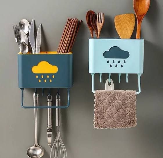 Cloud Kitchen Self Adhesive Cutlery Organizer with TowelTissue Roll Holder and 4pcs Hanging Hooks (MixRandom colour)