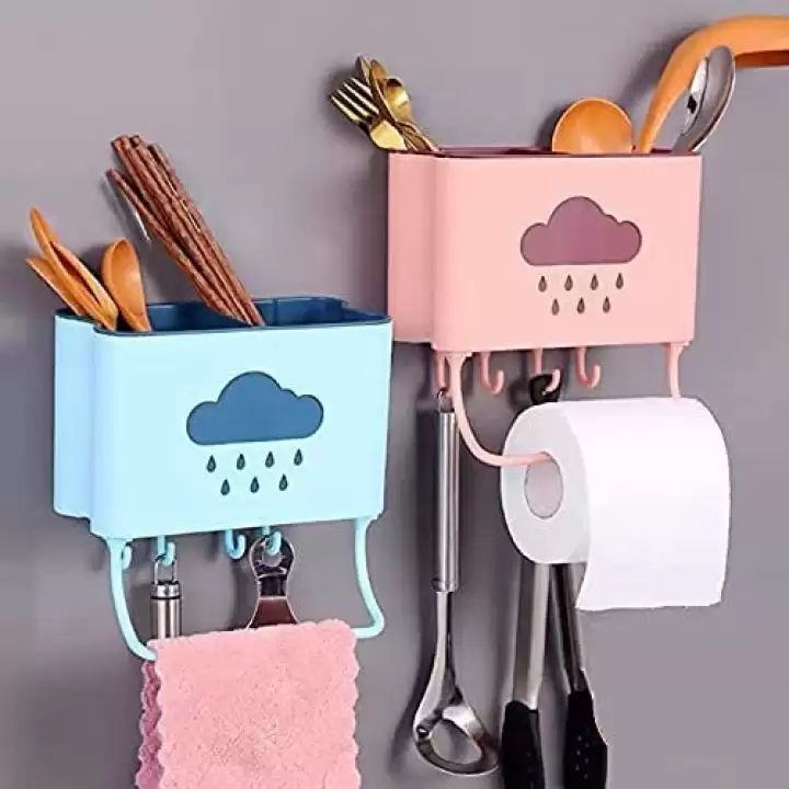 Cloud Kitchen Self Adhesive Cutlery Organizer with TowelTissue Roll Holder and 4pcs Hanging Hooks (MixRandom colour)