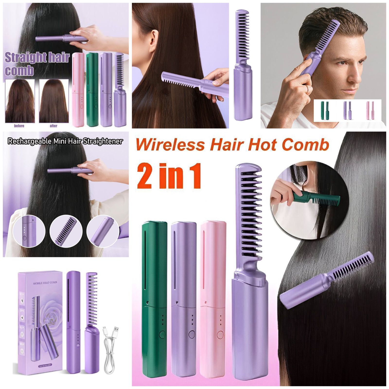 Cordless Wireless Rechargeable Travel Comb Hair  Straightener.